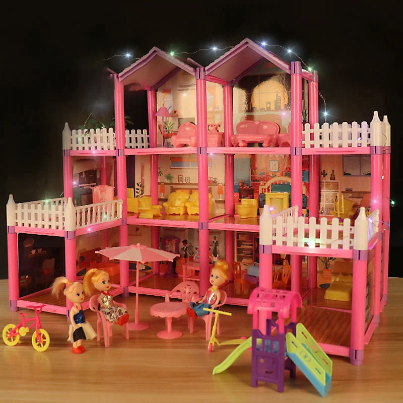 

Princess Big Villa DIY Dollhouses Pink Castle Play House With Slide Yard Kit Assembled Doll House Toys For Girls Children Gifts