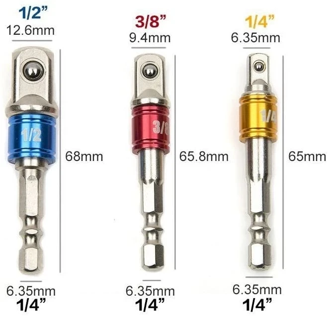 Adaptador de enchufe de grado de impacto, juego de extensión de 1/4 ", 3/8", 1/2 ", convierte taladro eléctrico, vástago hexagonal de 1/4 pulgadas accionamiento para adaptadores, 3 uds.