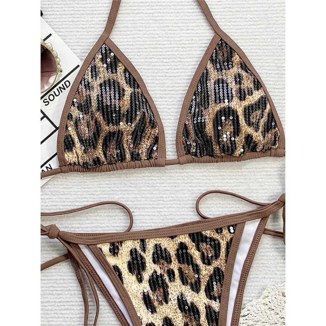 Leopard-Pailletten-Bikini mit Neckholder und hohem Beinausschnitt, zweiteiliger Damen-Badeanzug, Badebekleidung, Badeanzug, Badehose, Modell V6706 – Detail 10