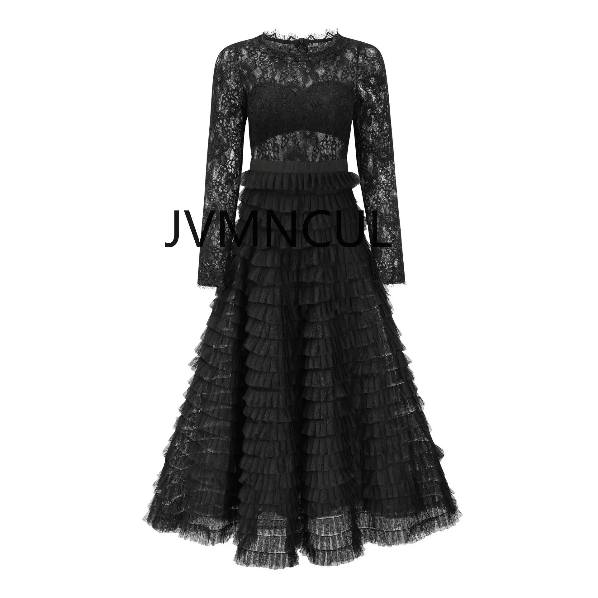 2025 핫 할로우 레이스 파티 드레스 우아한 솔리드 컬러 연회 긴 소매 A 라인 드레스