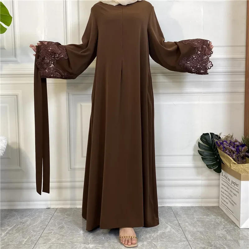 

O-Neck Simple Long Sleeves Lace-up Women Dress Women's Muslim Dress Zipper Lace Abayas for Womne Dubai Turkey Daily Robes Islam