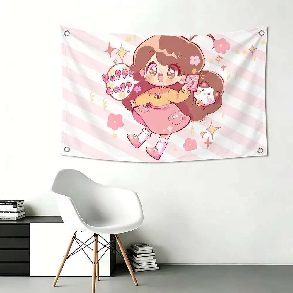 Bee And Puppycat Cartoon Style Funny Flags for Bedrooms Home Decor Items Outdoor Decors Garage Decoration Flaga