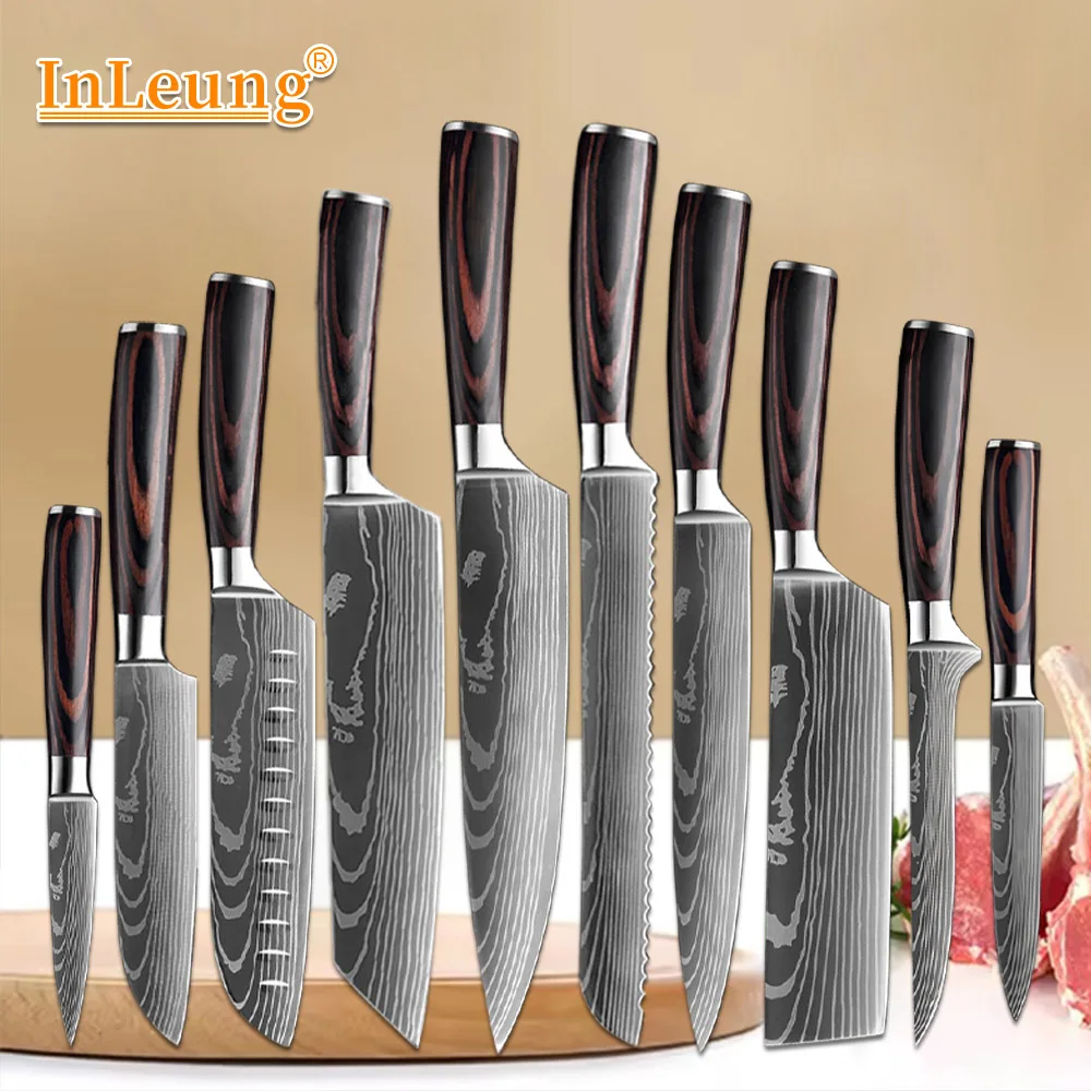 Laser-Damaszener-Muster Küchenmesser-Set: Professionelle, scharfe Kochmesser, Hackbeil, Santoku, Ausbeinmesser, Brotmesser, Obstmesser und Grillmesser für die Küche
