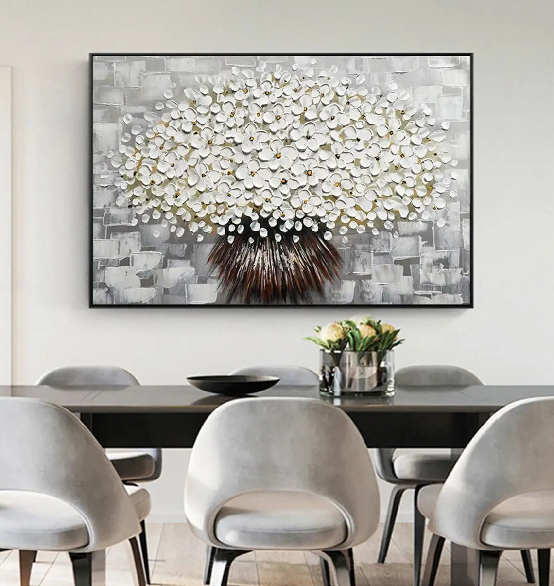 

3D Oil Painting Hand Painted on Canvas White Cherry Flower Bouquet Palette Knife Painting Heavy Textured Handmade Art Wall Art