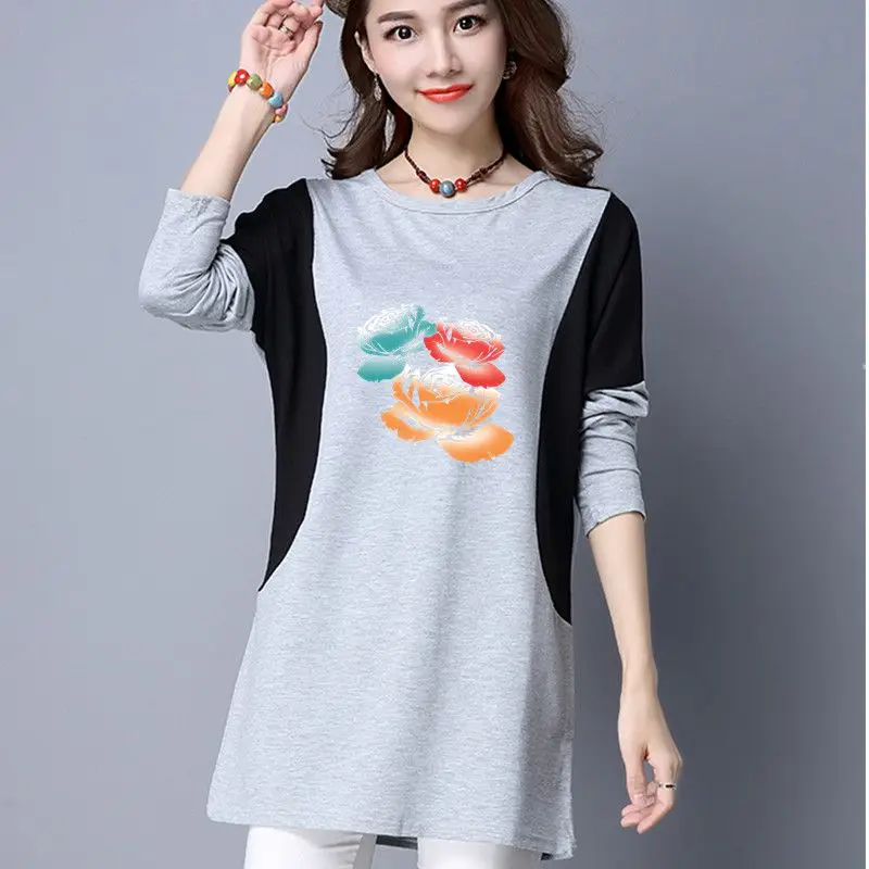 Women New Contrast Letter Printing Tops Tees Long Sleeve O-Neck Patchwork Loose All-match T Shirts Vintage Casual Clothing