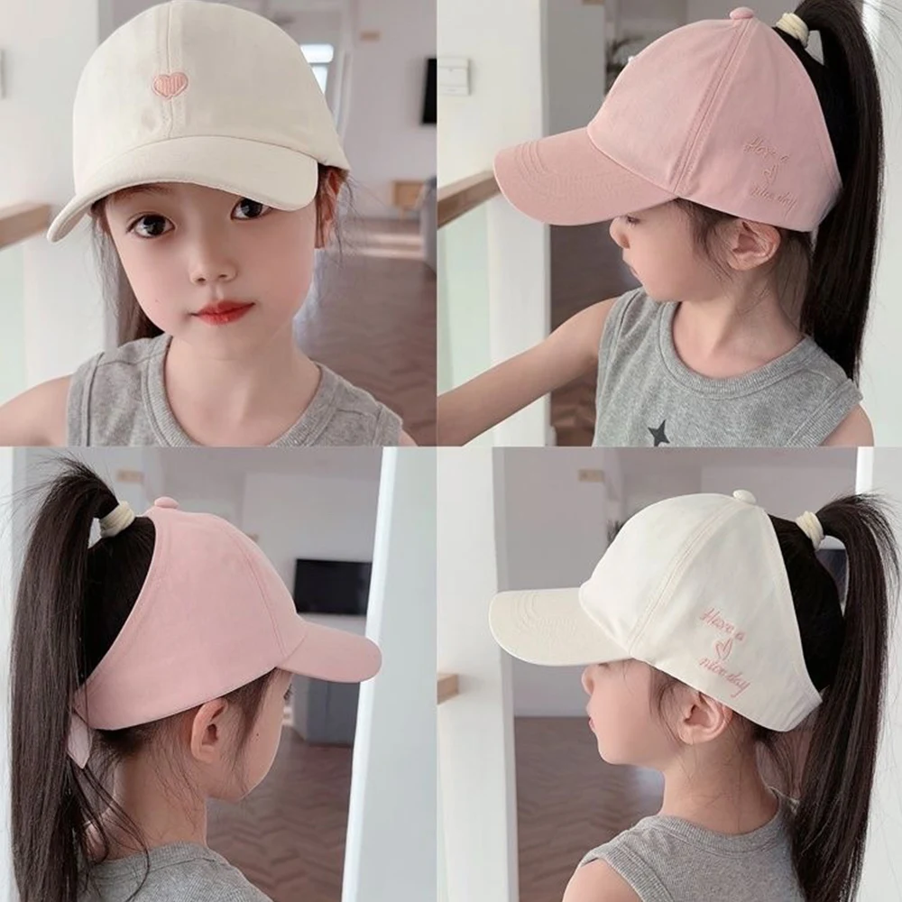 New Summer Children Baseball Cap Breathable Empty Top Caps Love Embroidery Kids Sun Visor Hats Adjustable High Ponytail Hat Girl