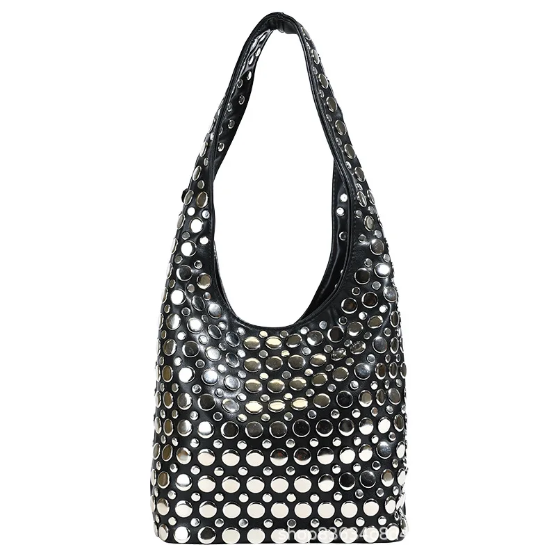 

Punk Style Embellished Double-Faced Round Rivet Inlaid Niche Luxury Bucket Bag Chic Lady Underarm Large Capacity Shoulder Bag