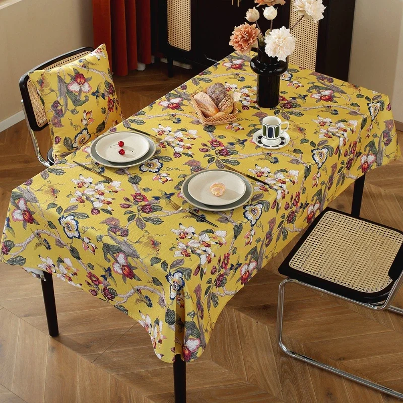 New Chinese Style Tablecloth Cotton Leprosy Flower Bird Printed Tea Desk Mats High Definition Printing Comfortable To The Touch