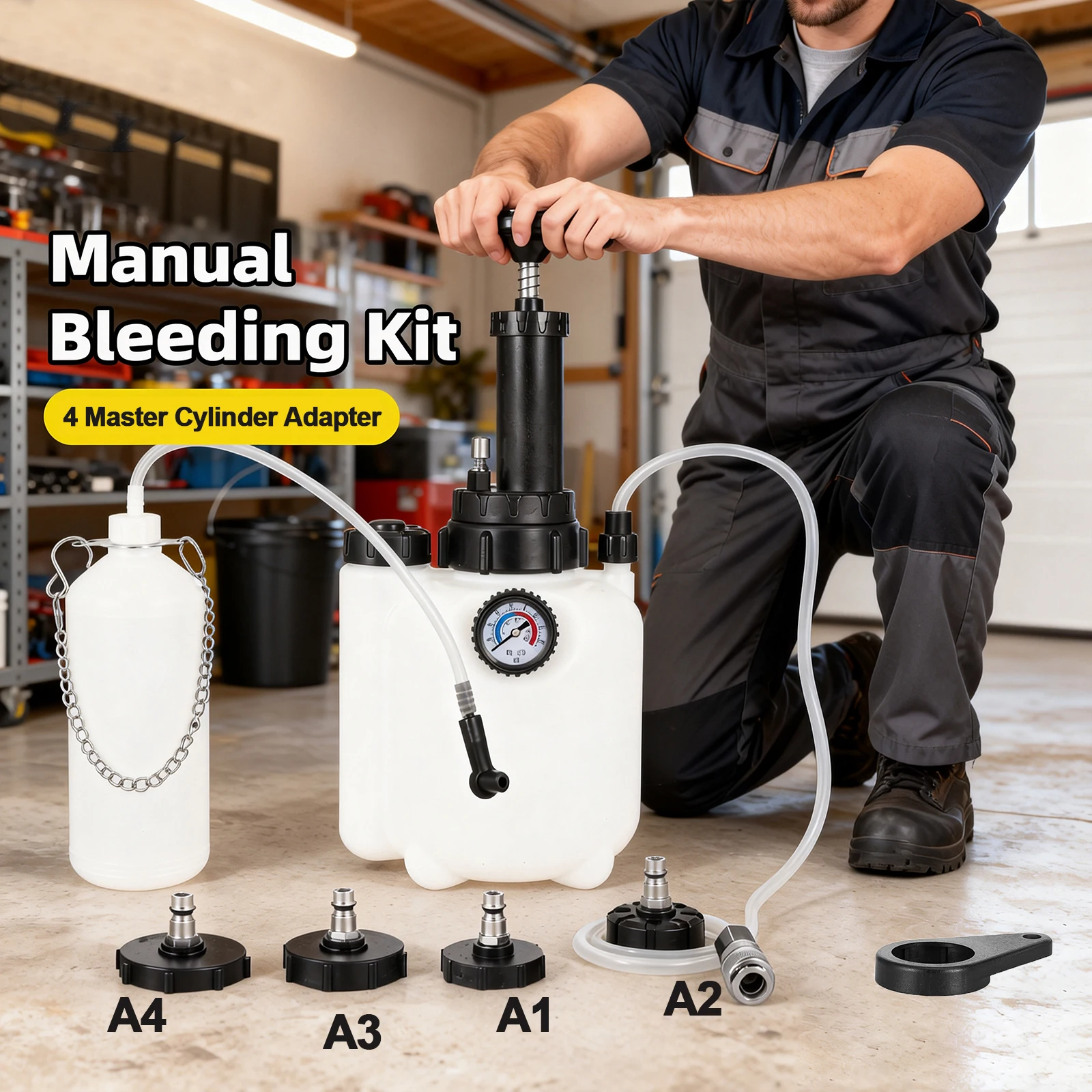 3L Manual Brake Bleeder Kit with 1L Brake Fluid Bleed Bottle and 4 Master Cylinder Adapters Car Brake Fluid Replacement Tools