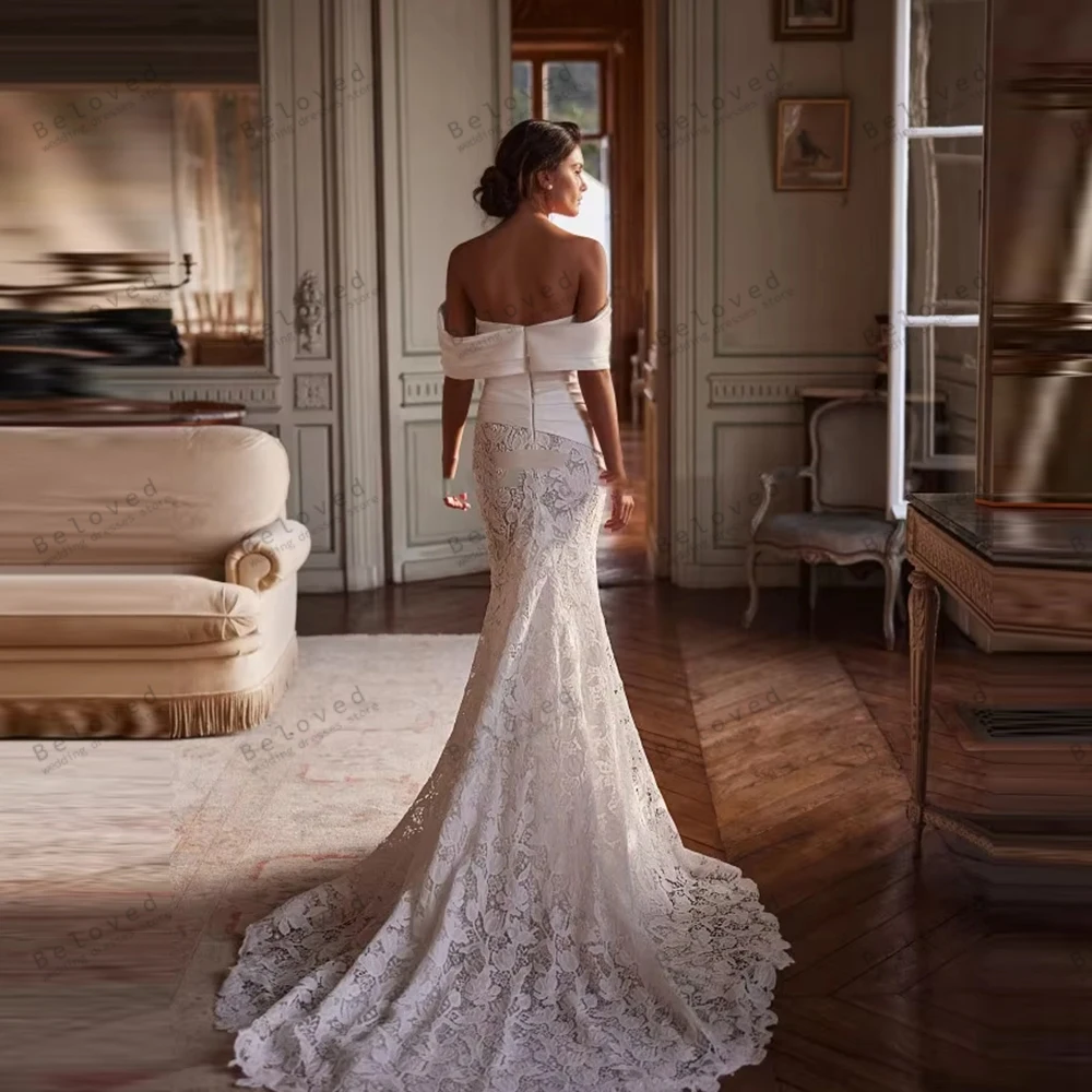 Abiti da sposa moderni Abiti da sposa glamour Abiti a strati in pizzo con spalle scoperte Lunghezza pavimento Abiti da sposa Personalizzati 2026