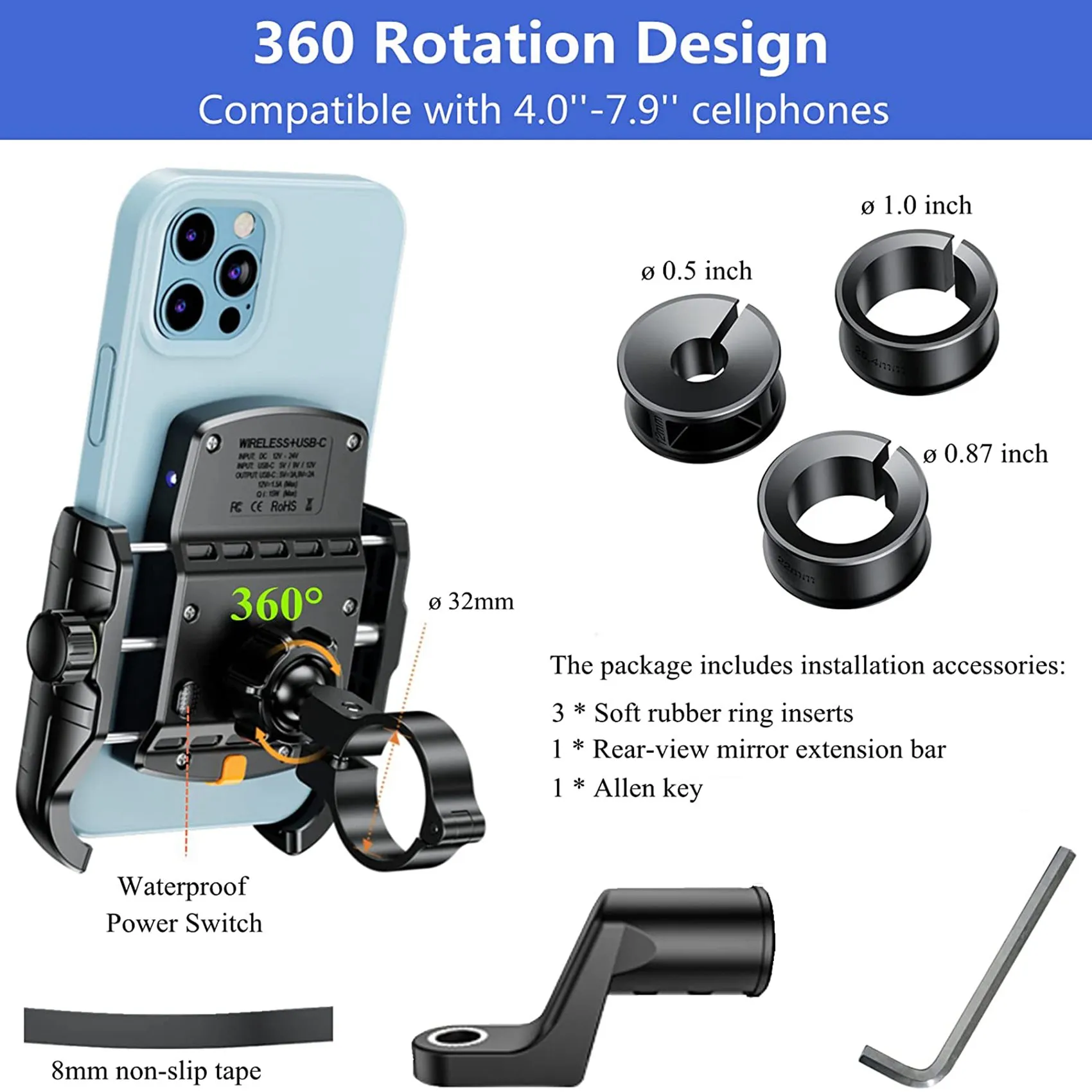 Kewig Wireless Charger Stand 360 Degree Rotation Design, Car Wireless Charger Mount Motorcycle Bike Phone