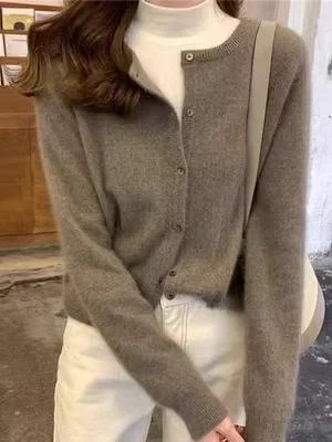 New Women's round Ne Knitted Woolen Cardigan ort Sle Spring Autumn Winter Korean Version Versatile Base Layer Camere ...