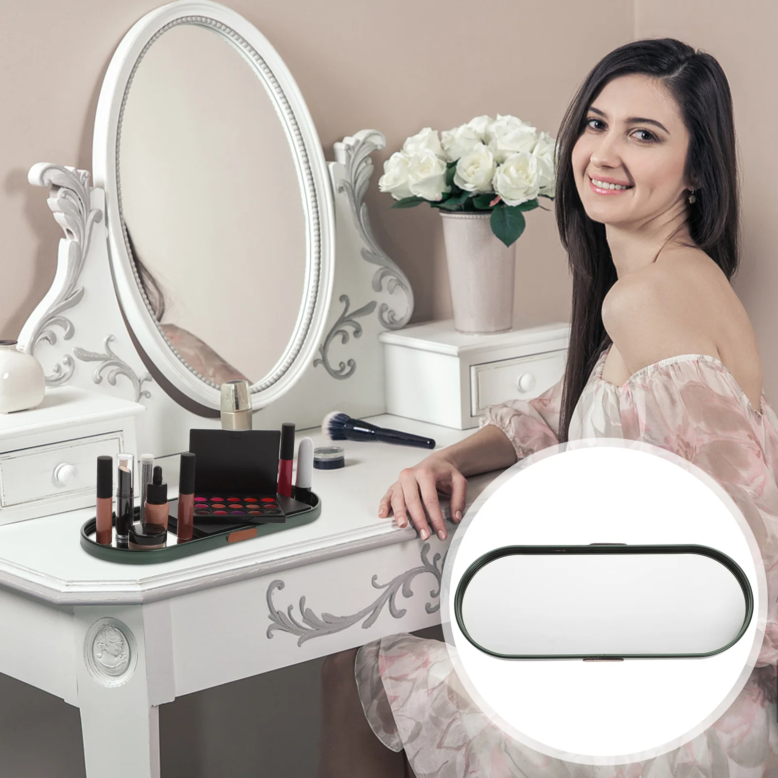 

Oval Desktop Jewelry Cosmetics Storage Plate Mirror Tray Space-Saving Elegant Decorative Trinket Holder For Bathroom Vanity