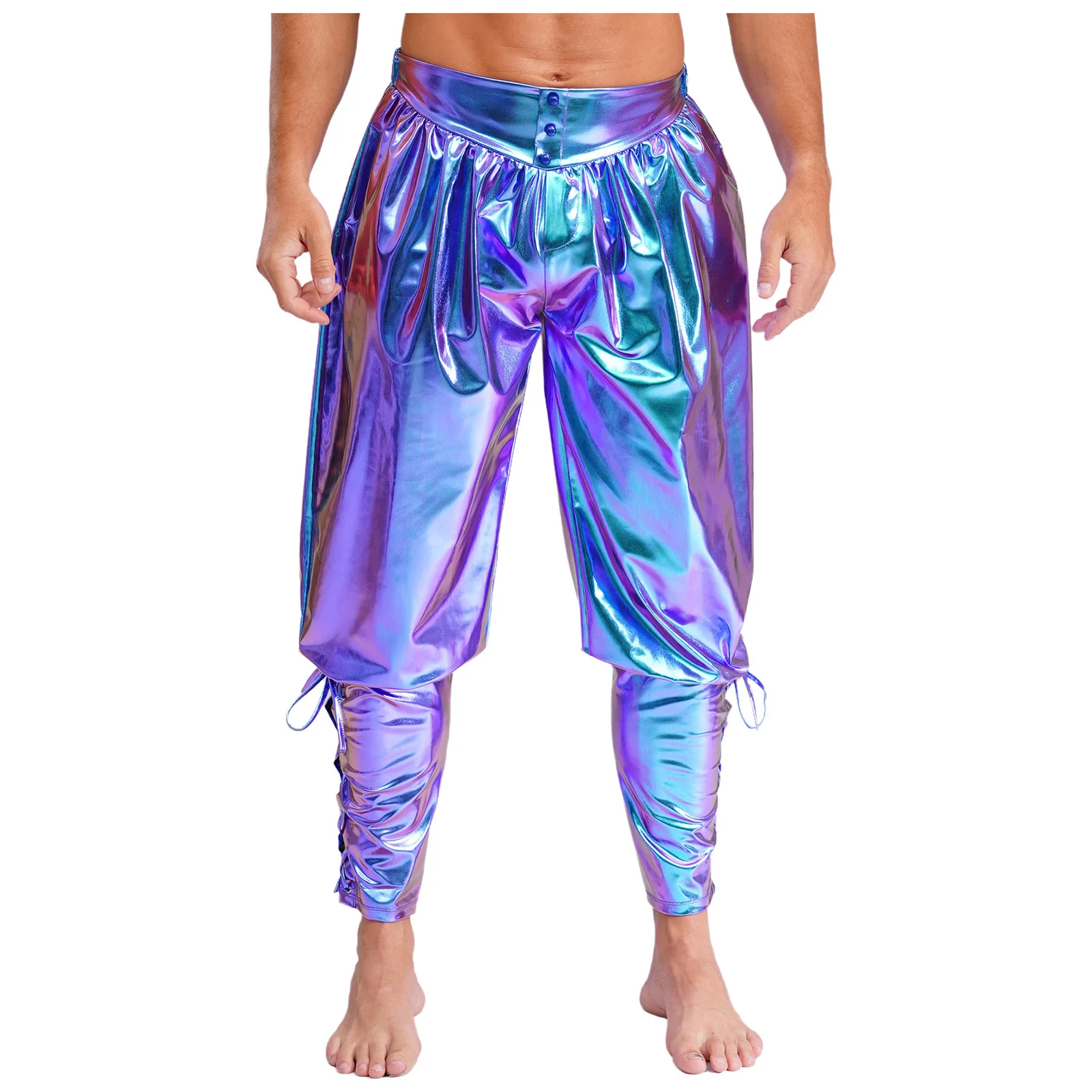 Men Medieval Renaissance Viking Pirate Pants Metallic Ankle Banded Trousers for Halloween Cosplay Party Performance Costume