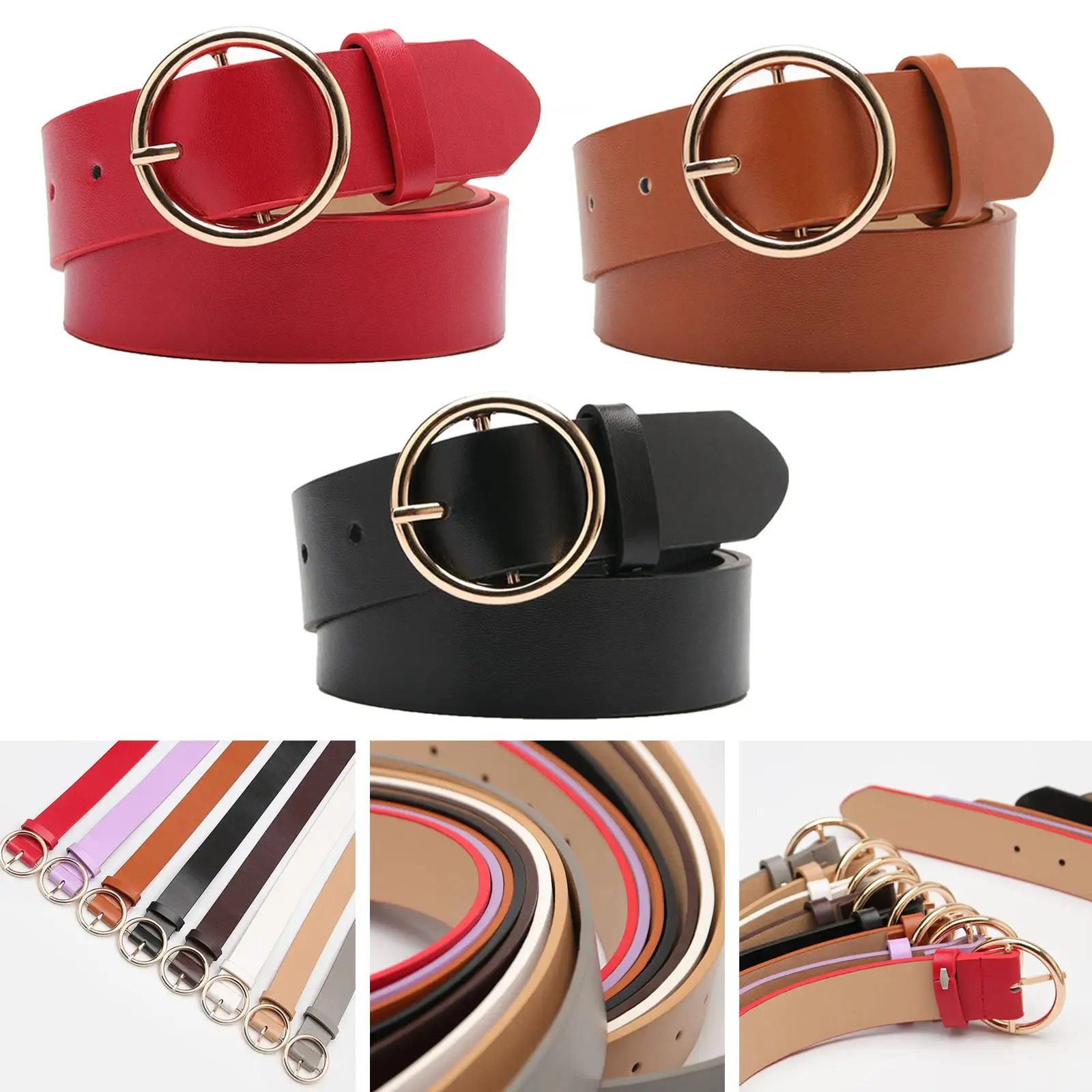 PU Leather Belts for Women Waistband Circle O Ring Buckle Jeans Accessories