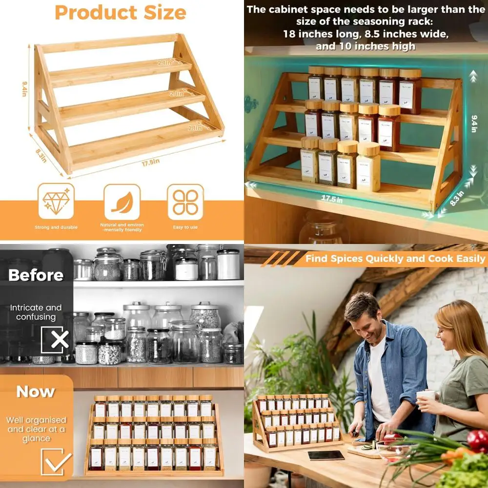 

Countertop Bamboo Spice Rack - Tiered Organizer for Kitchen Pantry and Cabinet