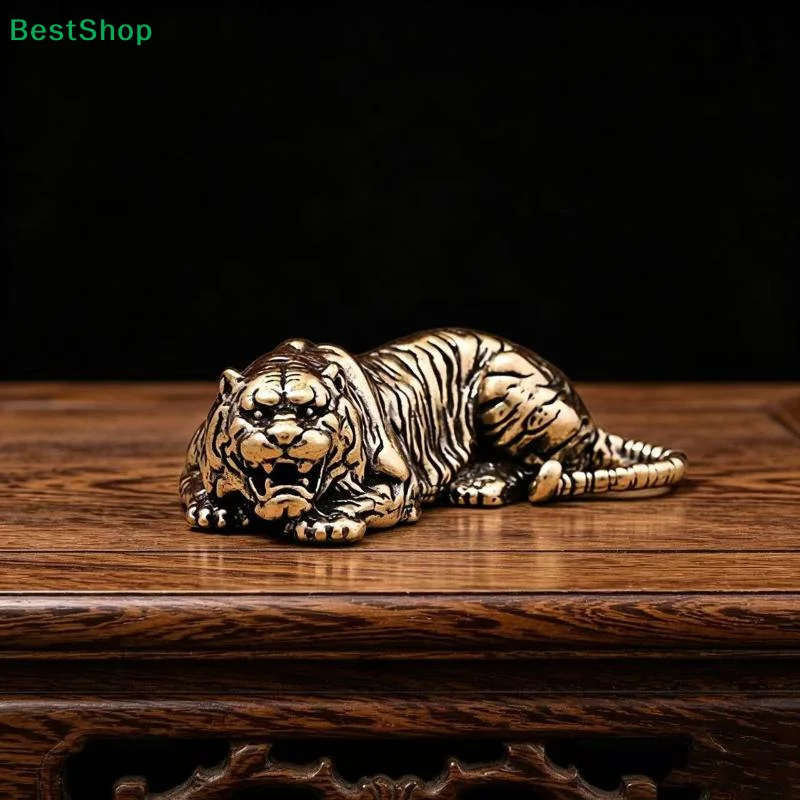 〔Z〕Vintage Brass Tiger King Statue Paperweight Ornaments Animal Tiger MIniatures Figurines Desk Decorations Home Decor Gift