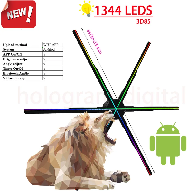 

2022 new Arrival 85CM wifi smart app control high brightness 1344 leds 3d hologram led fan protector fan for advertising