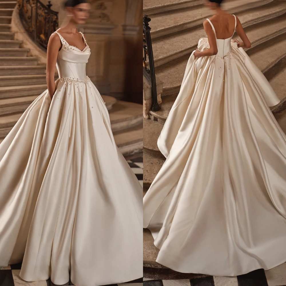 Personalizado romântico marfim cetim vestido de casamento com pérolas elegante querida 2025vestido de novia formal a linha vestidos de noiva