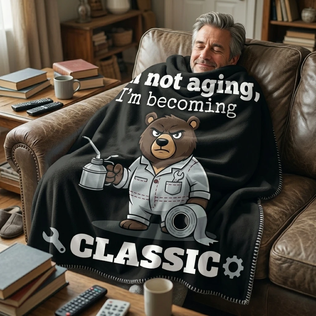 Mechanic Bear I'm Not Aging I'm Becoming Classic Flannel Throw Blanket, Funny Vintage Mechanic Bear Soft Cozy Home Decor Blanket