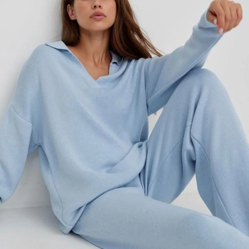 

Autumn Solid Color Roll-neck Sweater Set, Women's Loose Knitted Polo Neck Sweater, Wide-leg Pants Two-piece Set