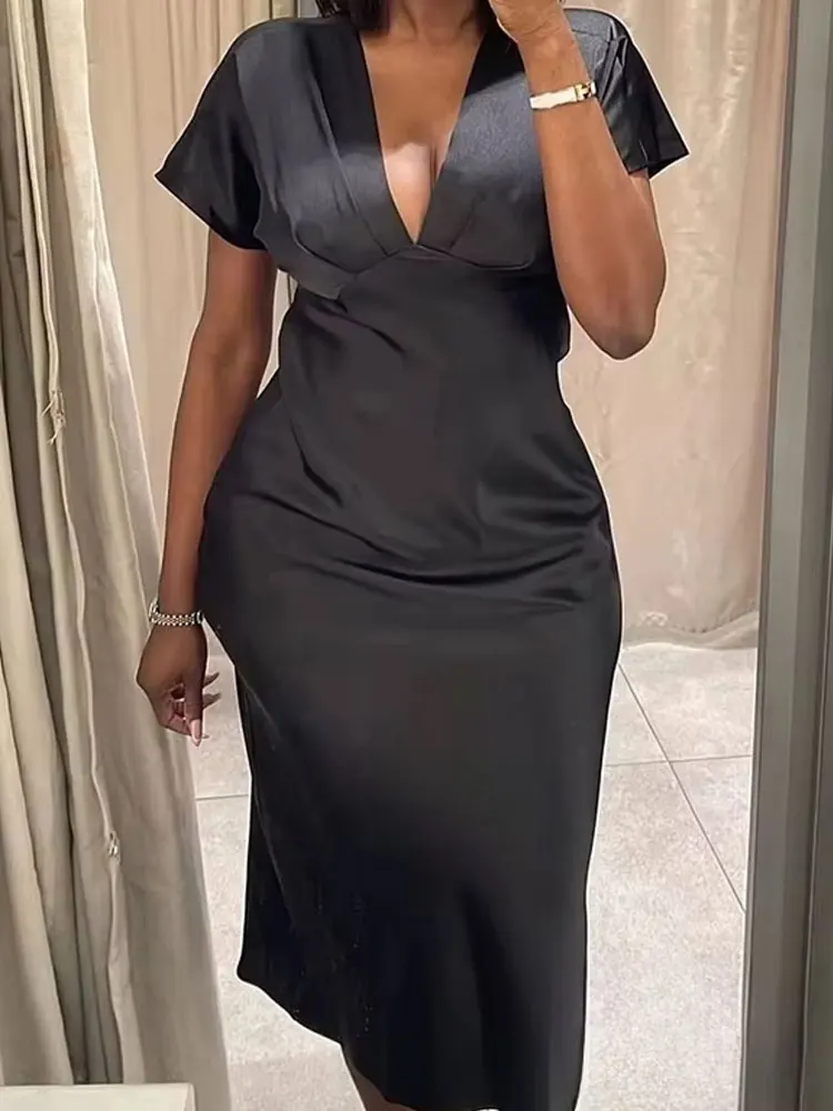 HH Female Vintage Summer Dress Women Satin Short Sleeves Solid V-Neck Pleated Straight Pajama Style Elegant Long Vestidos