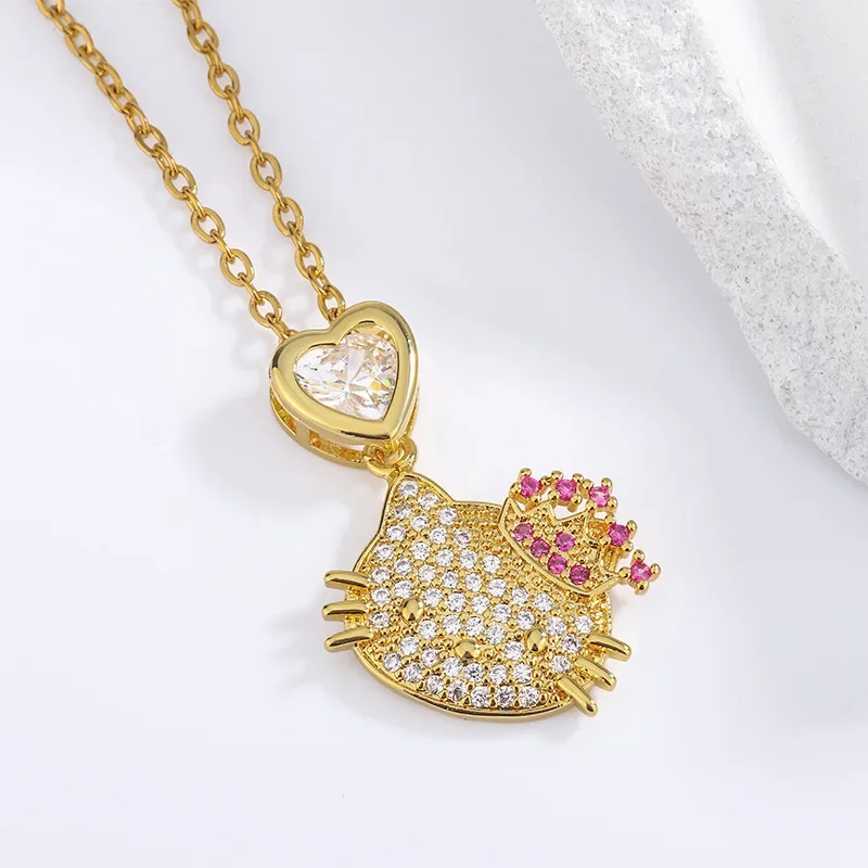 Lovely Hello Kitty Necklace Cartoon Sanrio Diamond Cat Pendant Heart-shaped Collar Chain Couples Fashion Jewelry Girl Gift.