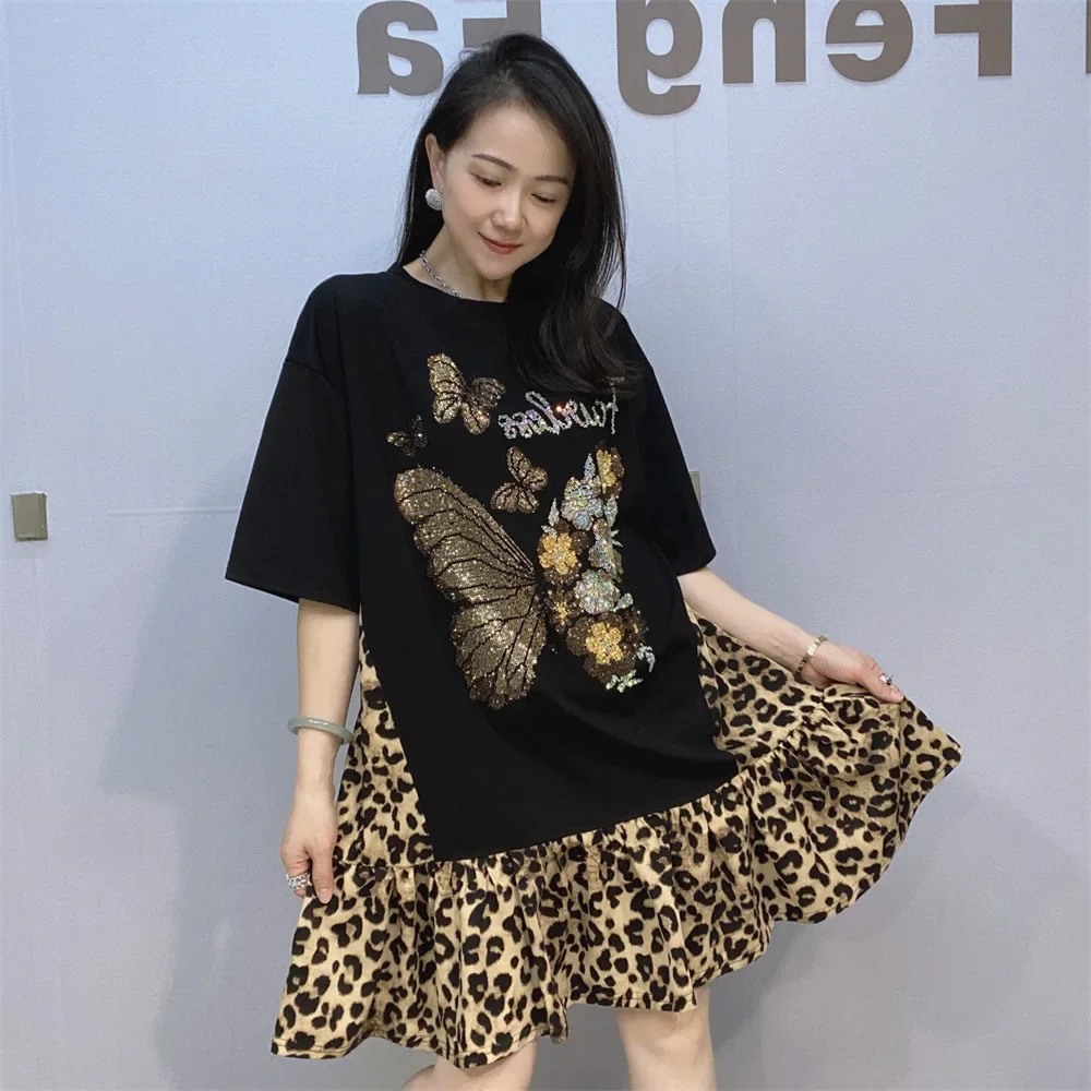 New Spring Summer Leopard Stitching Short Sleeve Dress Butterfly Hot Drilling Loose O-neck Pullover Top Mid-long Casual Dress