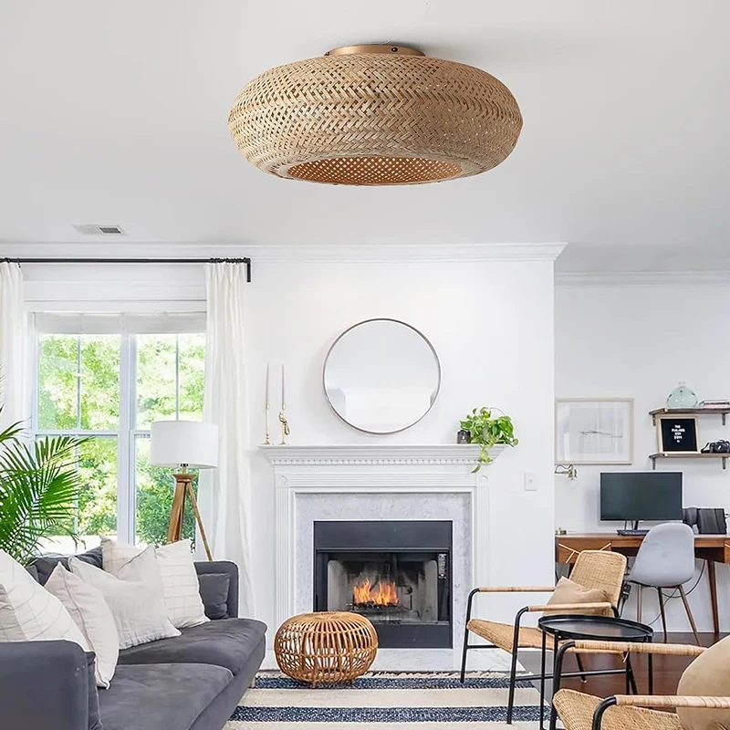Bamboo Ceiling Fan Fans With Lights Remote Control Bedroom Decor Ventilator Lamp 50cm Air Invisible Blades Retractable Silent