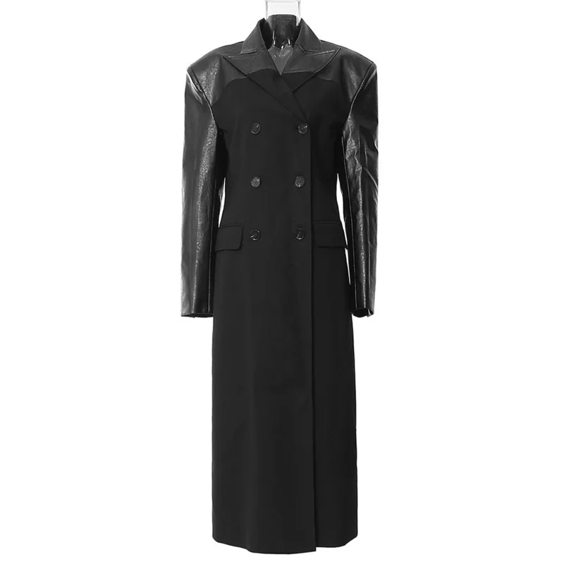 

[Vibe] Черная верхняя одежда из искусственной кожи, элегантный длинный блейзер, женская новая куртка с длинными рукавами и лацканами, модная весна-осень 2025