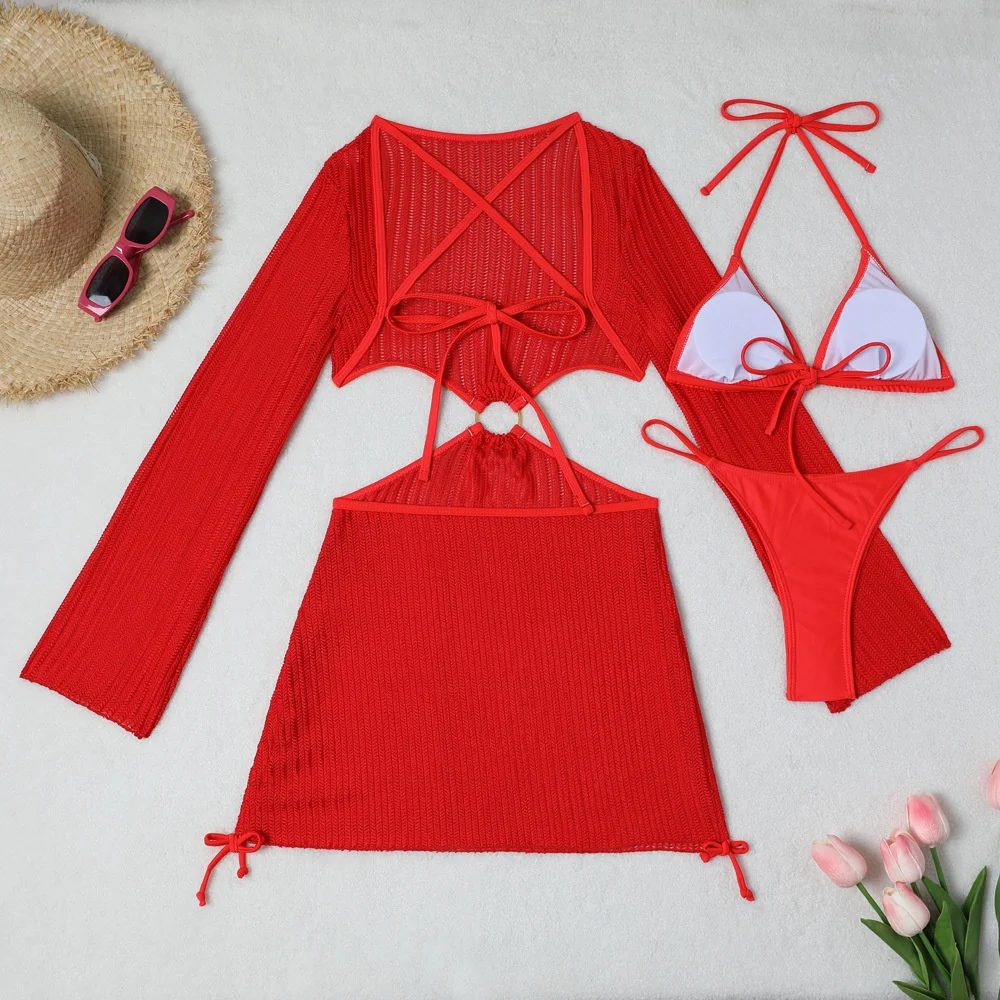 Sexy rote Bikinis Sets Langarm Badeanzug Kleid Hohl blau Bikini Strand Cover Up Sommer Outfits Frauen Ringe Urlaub Bademode