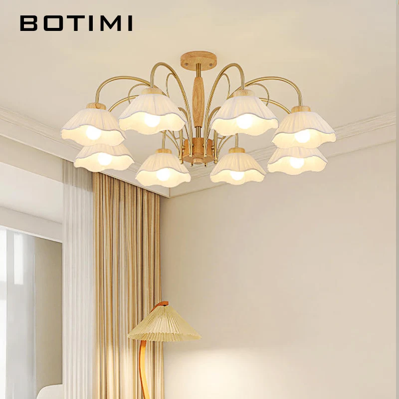 

BOTIMI White Fabric Lampshades Chandelier Lighting For Living Room Solid wood Chandeliers Bedroom Lustres Wooden Hanging Lights