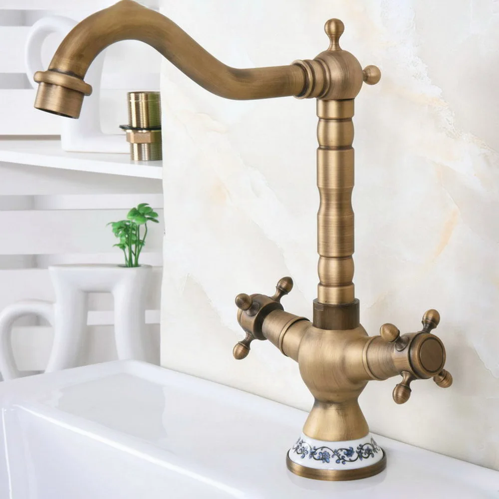 Robinets de lavabo en Bronze Antique laiton | Robinet d\'évier de salle de bains, robinet de cuisine pivotant à 360 degrés à double poignée robinets