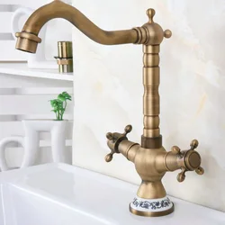 Grifos de lavabo de latón y Bronce Antiguo, grifería giratoria de 360 grados, mezclador de lavabo de cocina, Knf602