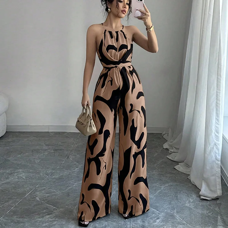 Jumpsuits voor dames Zebrastreep Halter Eendelig Vetersluiting Wijde pijpen Broek Jumpsuit Zomer Sexy Kleding Vrouwelijke elegante jumpsuit