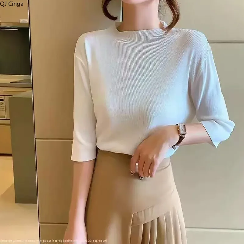 通勤スタイルの女性のハーフハイネック 5 分袖ニットセーター、春夏スリムニットボトムシャツ、アジアサイズ T シャツ