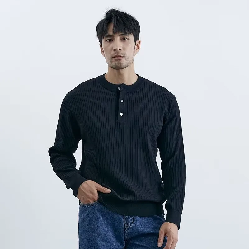 Spring Autumn Henley Long Sleeve Knit Sweater Men's Casual Warm Top
