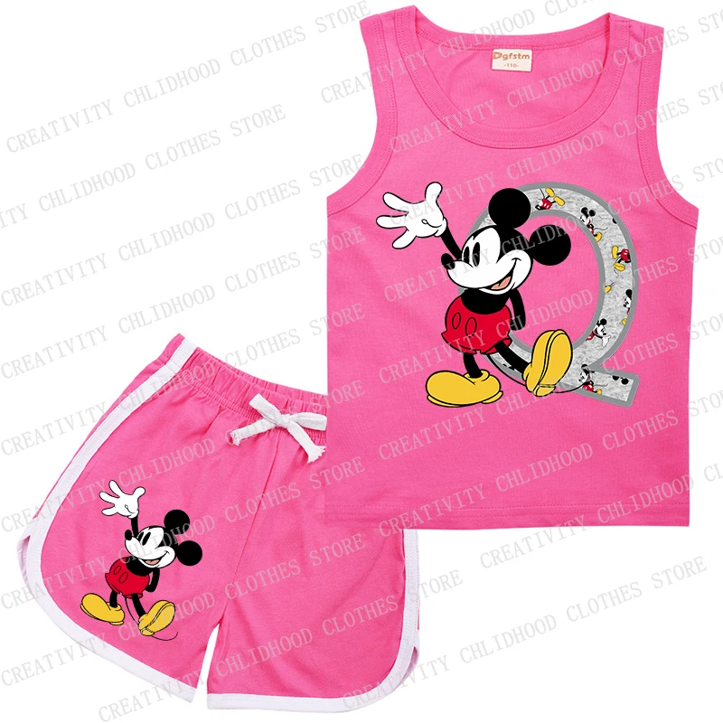 Fato Mickey esportivo 2 peças para crianças, colete e shorts, roupas sem mangas, desenhos animados casuais, letra A, B, C, D, Kawaii, menina, menino