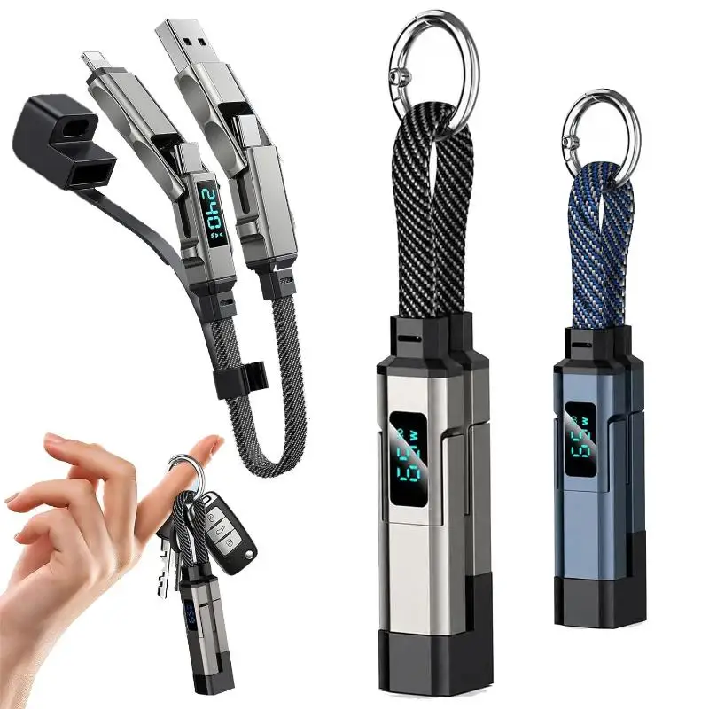 1Pcs 4 In 1 65W Keychain Charging Cable USB C Cable With V/A/W Display Type C For Portable Cord
