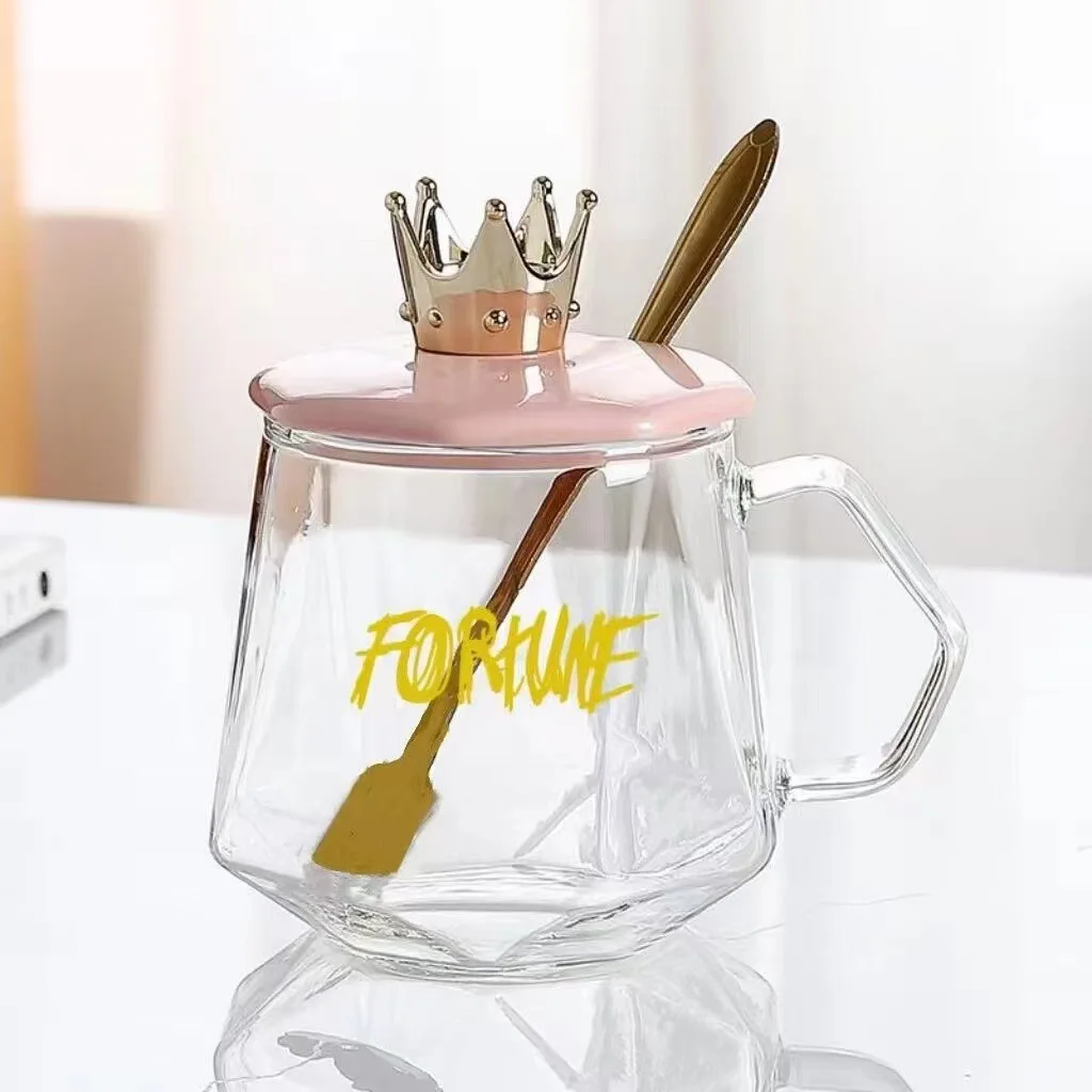 Good-looking Breakfast Cup Crown Water Cup Handle Glass Water Cup Coffee Cup with Spoon Girls Office Gift Cup