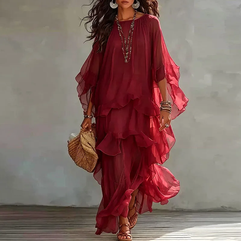 Vintage Solid Tiered Ruffle Mesh Dress Women Crew Neck Loose Batwing Sleeve Sheer Maxi Dress Elegant Holiday Travel Casual Dress