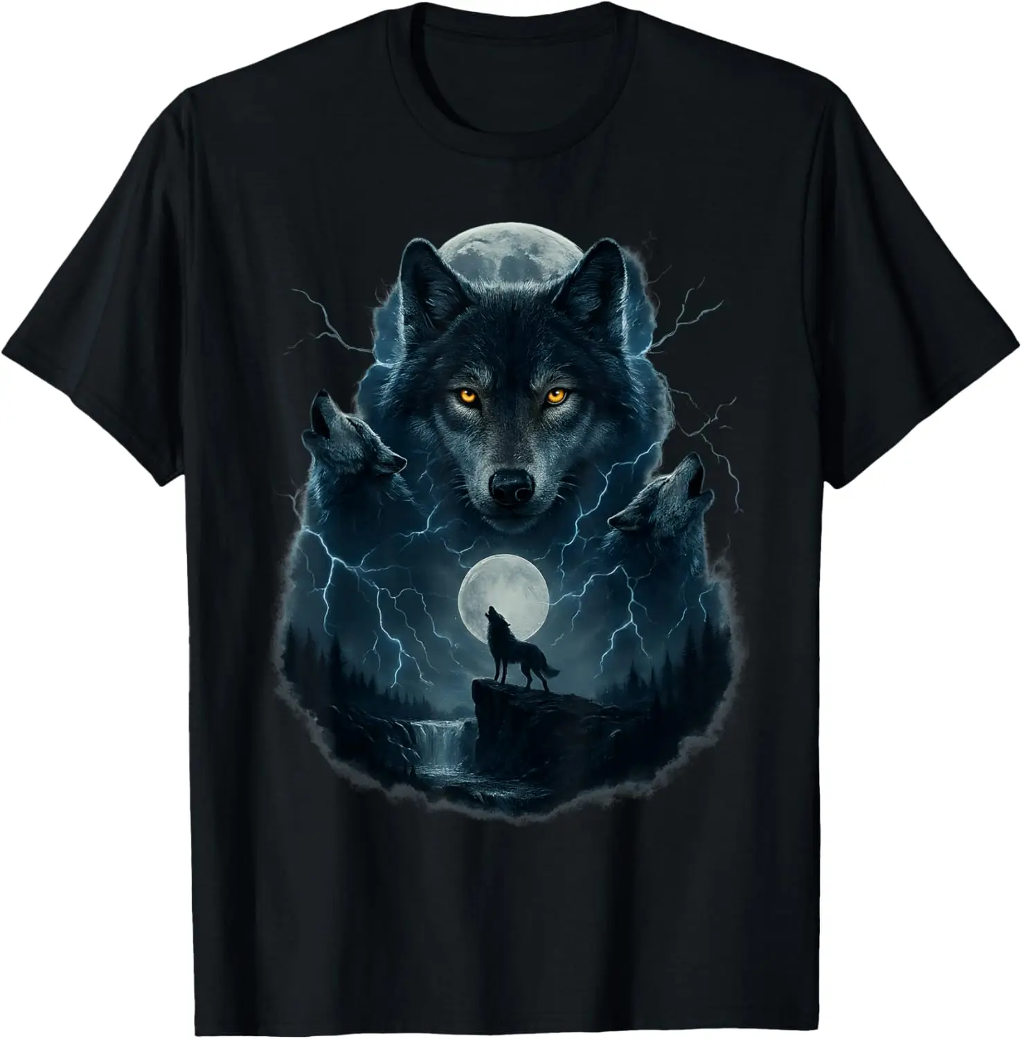 Electric Wolf Pack Howling at Moon Graphic Tee Men Cotton Casual Round Neck T-Shirt
