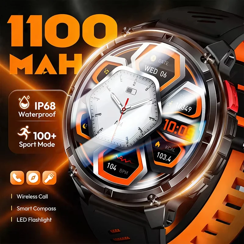 

LIGE New Outdoor Smart Watch 1.7" 1100mAh Large Battery IP68 Waterproof LED Flashlight Bluetooth Call Sport Men Fitness Bracelet