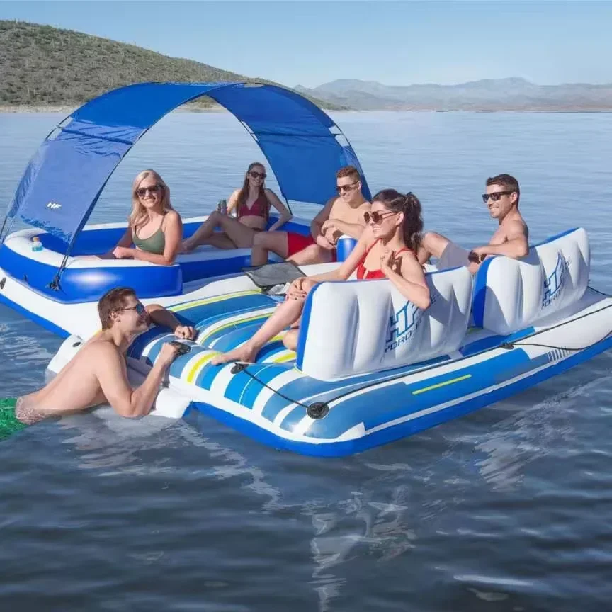 

Brand New Factory Stock Wholesale 6-8 Person 540kg Load Inflatable Water Floating Boat Island With Tent