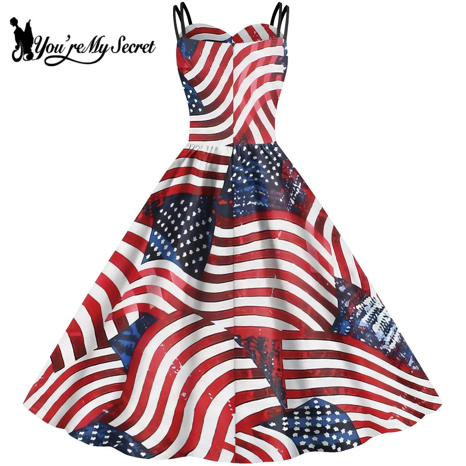 [You\'re My Secret] Independence Day Dresses Women Carnival Party Slip Dress Adult Flag Pattern Halloween Fancy Rockabilly Dress