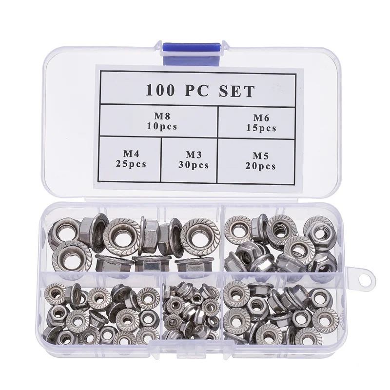 

100Pcs DIN6923 304 Stainless Steel Hexagon Flange Nuts Set Mix Size M3 M4 M5 M6 M8 Assortment Kit