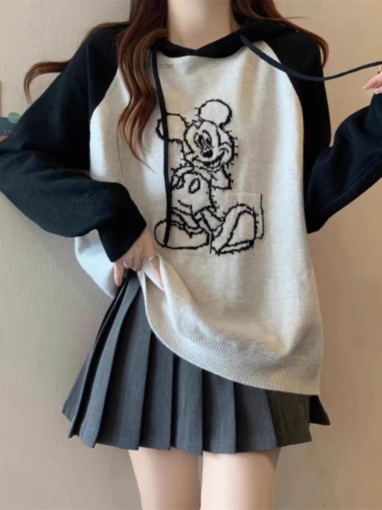 Disney Mickey Mouse Women\'s Hooded Knitted Sweater Winter Clothing New Jacquard Hoodie Yk2 Korean Fashion Style Knitwear Girls