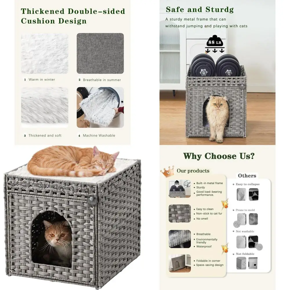 

Extra Large Indoor Double Cat Cave, Handwoven Rattan Pet House with Soft Cushions, 18.5 x 20.5 x 19.1 Inches, Foldable for Livin