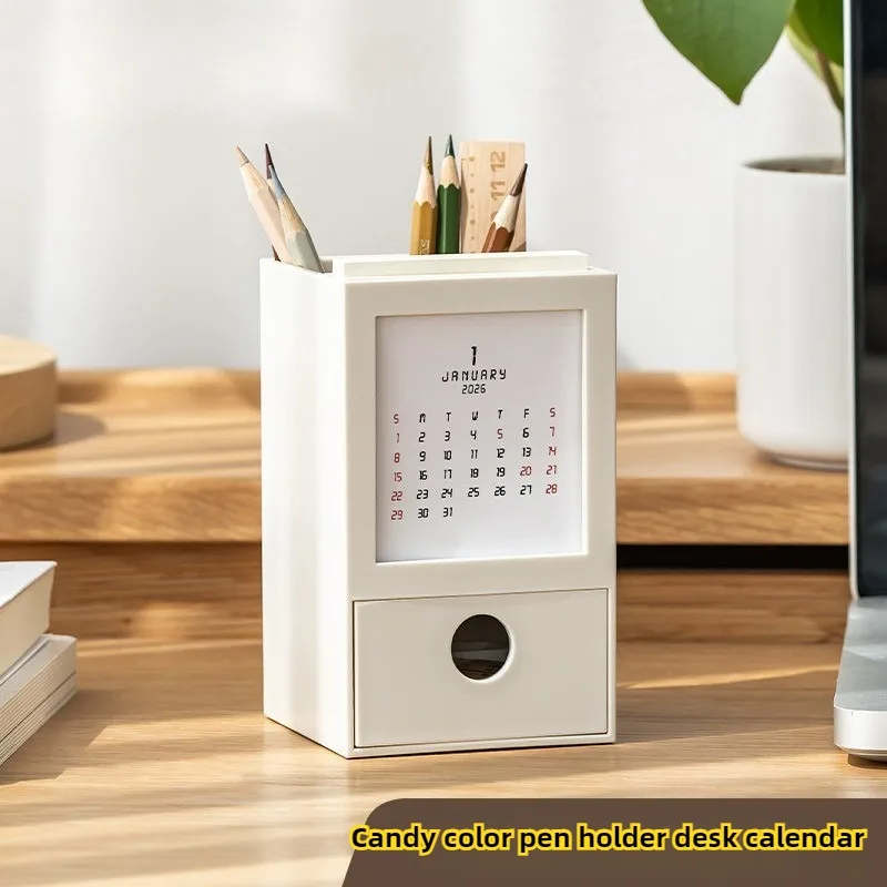 2026 Calendar Solid Color Pen Holder Storage Box Drawer Desktop Calendar Ornament Home Decor School Supplies New Year Gift