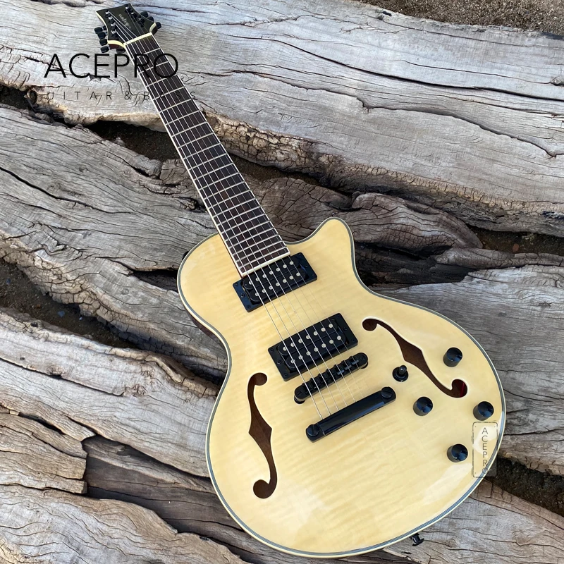 7 String Electric Guitar F holes Semi Hollow Body Natural Color Flame Maple Top, Black Locking Tuners, Quality Guitarra